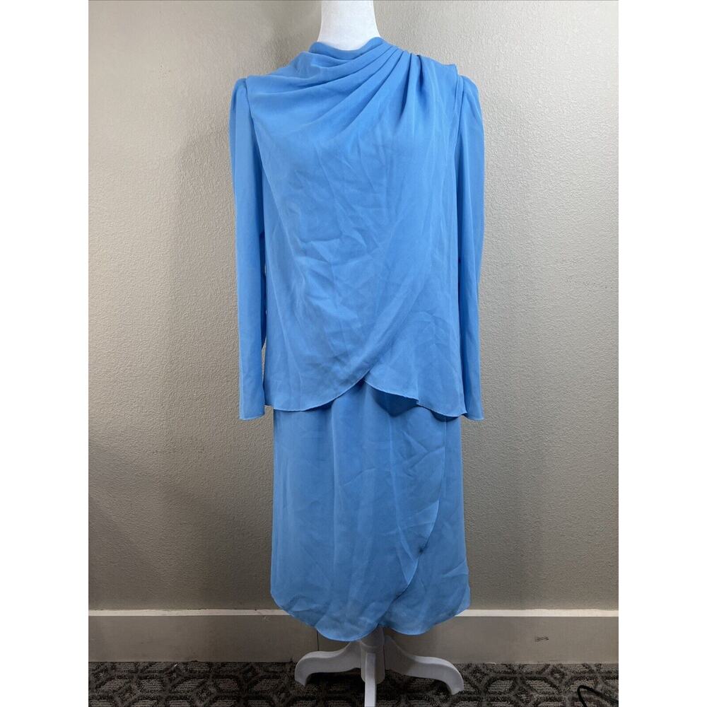 Hal German 2 Piece Dress Semi Sheer Blue Drape Asymmetrical Tulip Hem Sz 12